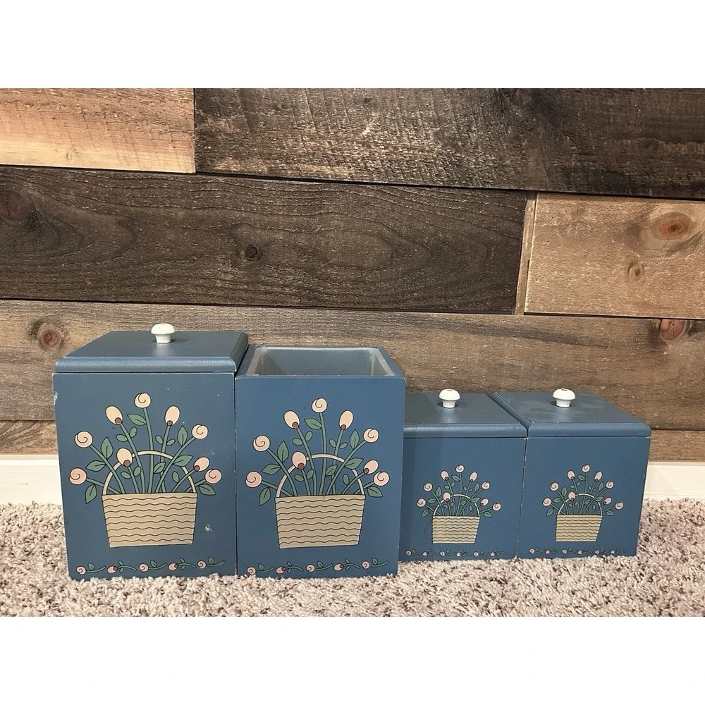 Four Vintage Blue Painted Floral Farmhouse Wooden Kitchen‎ Canister READ